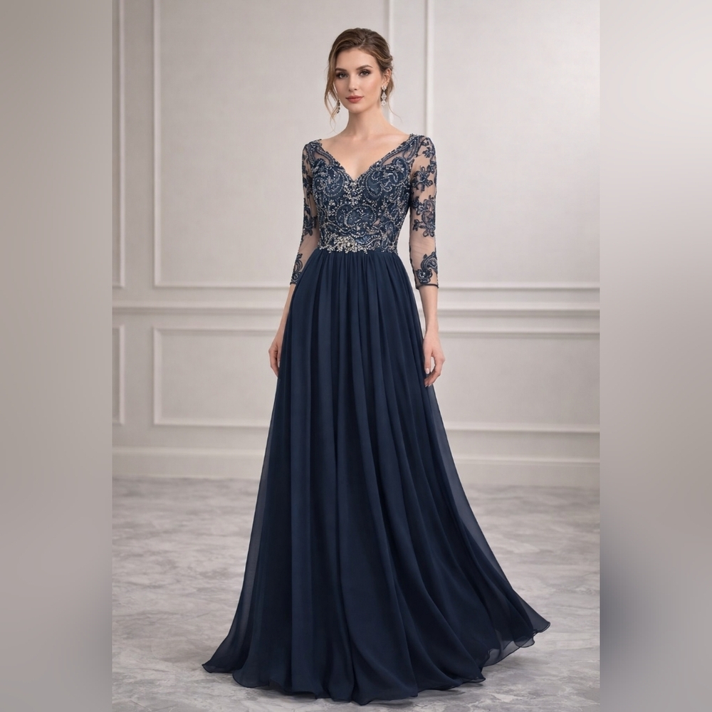 JJ’s House Dark Navy Chiffon Lace Beaded Gown – Size 10